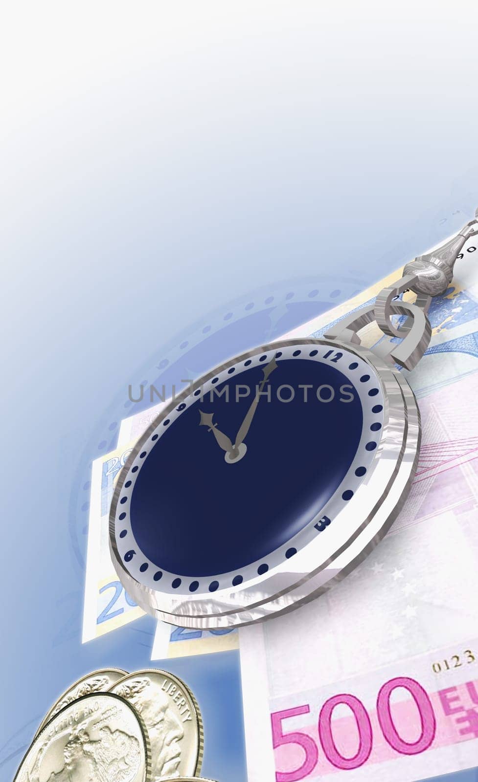 Close-up of a watch with currency