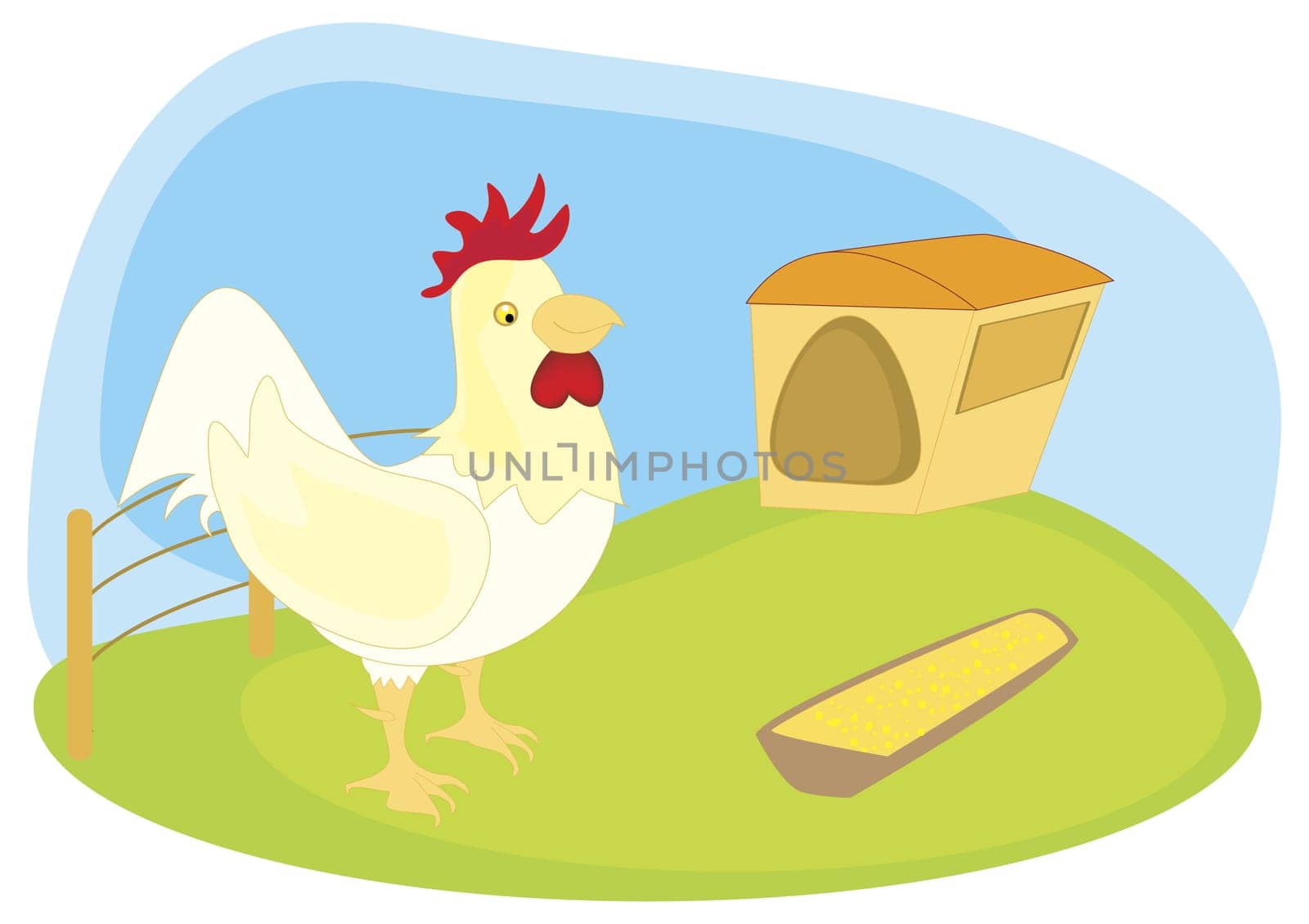 Rooster near a coop