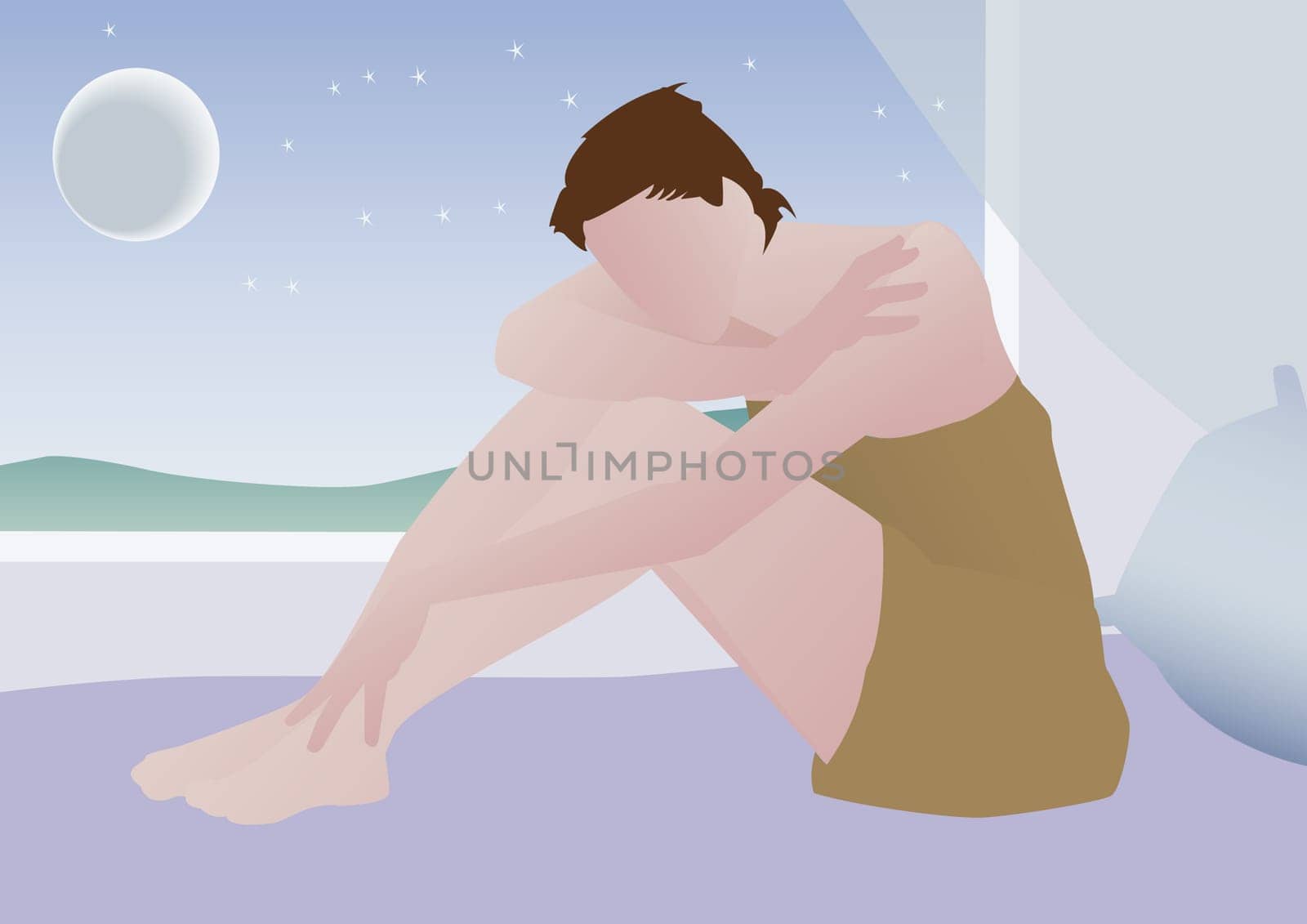 Woman sitting on a bed with her head on her arm