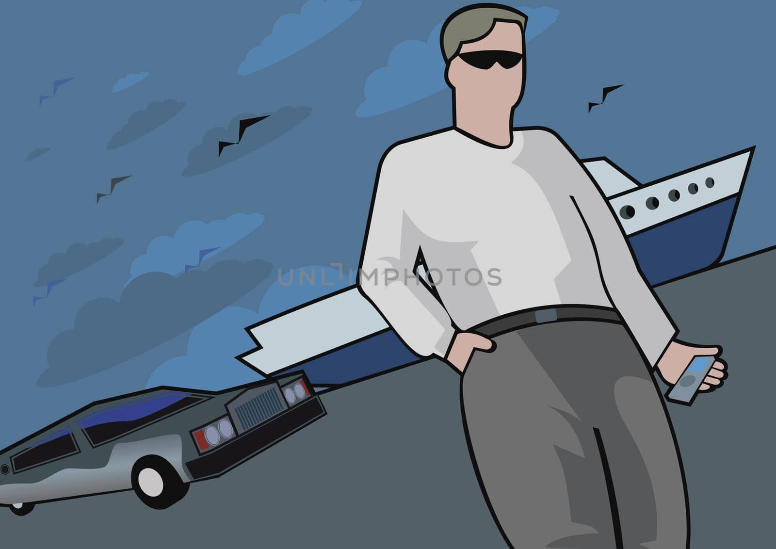 Man with a cell phone near luxury car and yacht