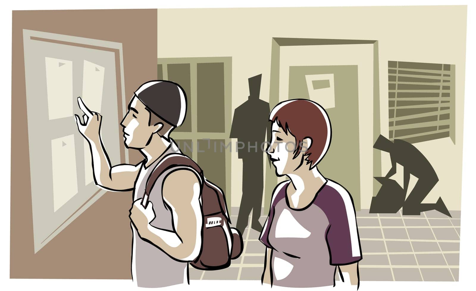 Boy and a girl looking at an information board