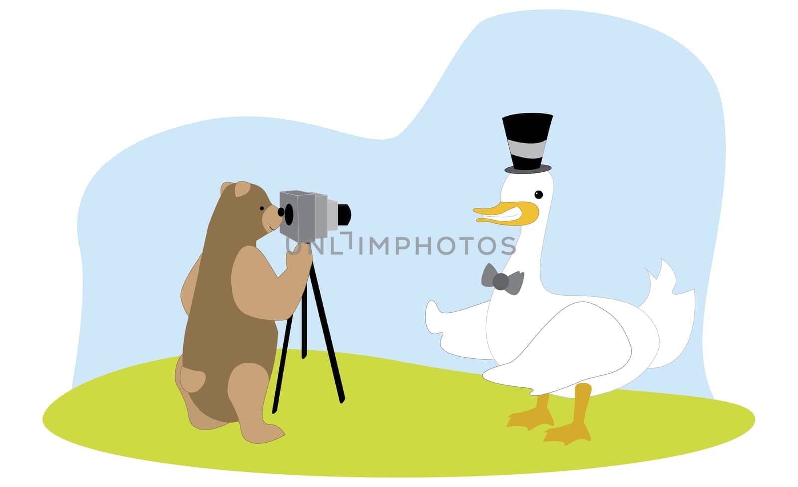 Bear taking a photograph of a duck