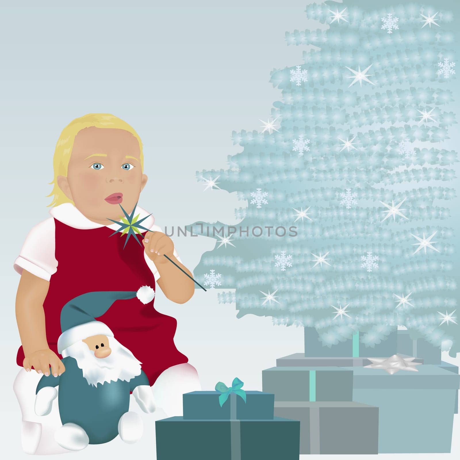 Girl sitting near Christmas presents