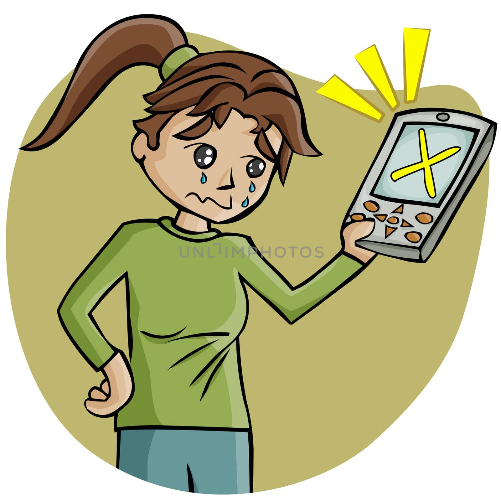 Girl holding a mobile phone and crying