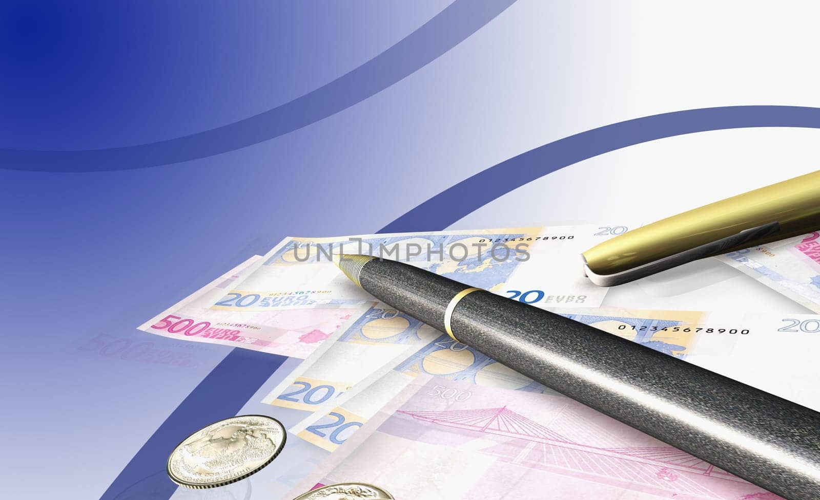 Pen on Euro bank notes and coins