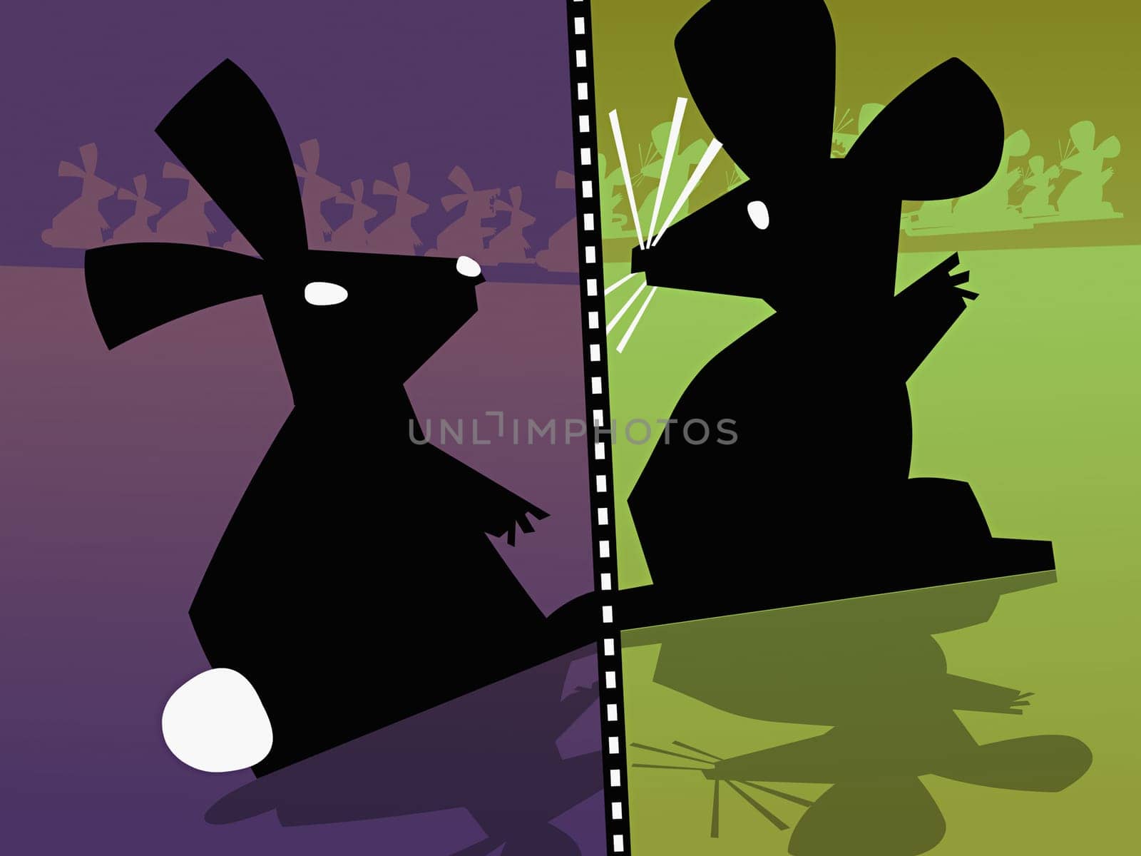Close-up of a rabbit and a rat face to face