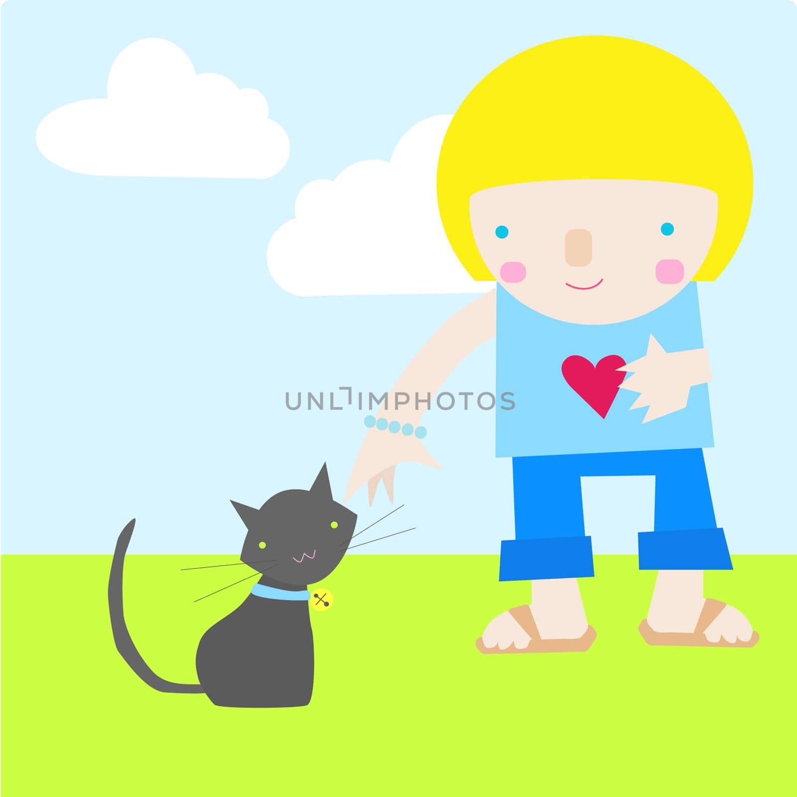 Girl standing besides a cat