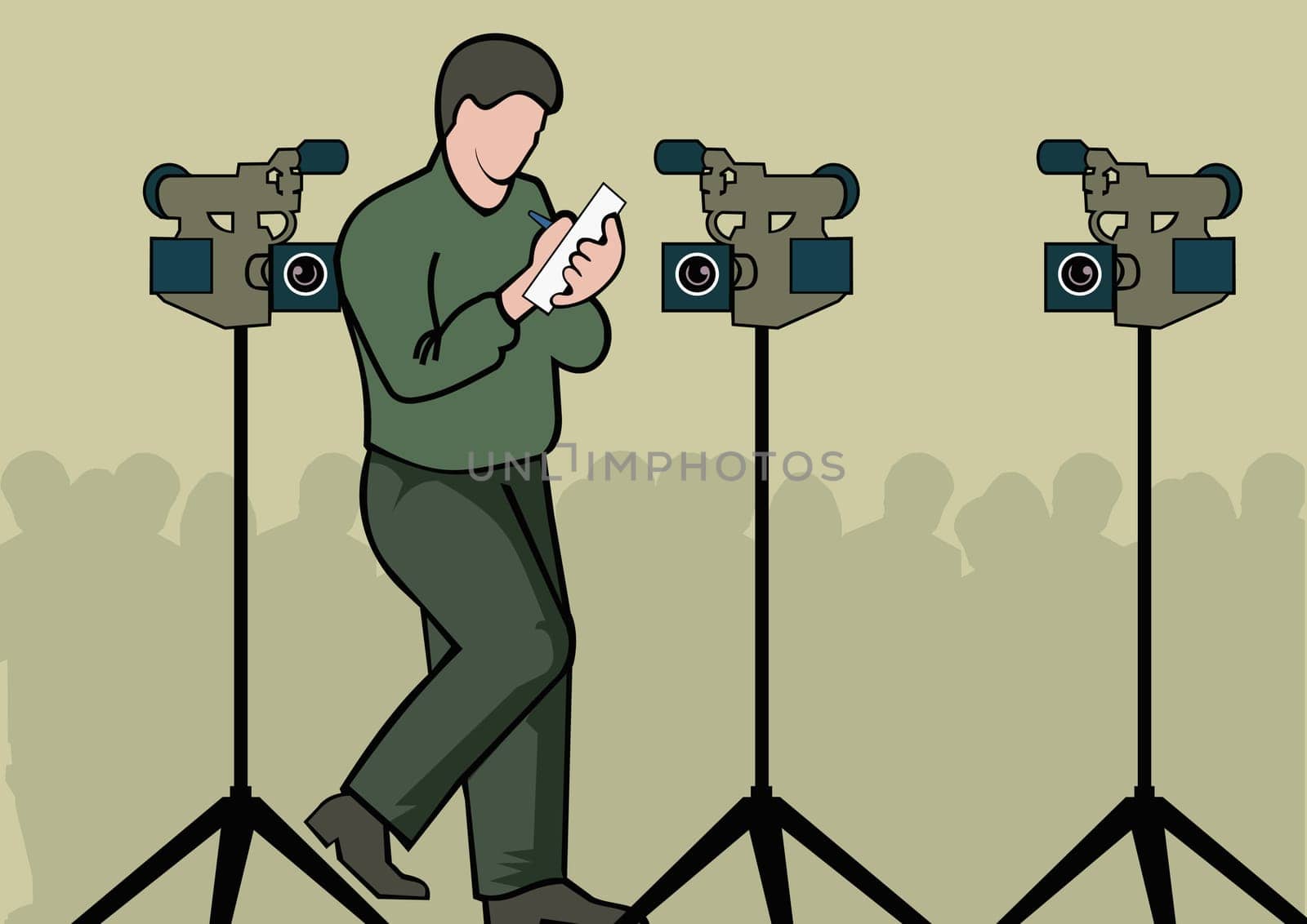 Man writing on paper near video cameras