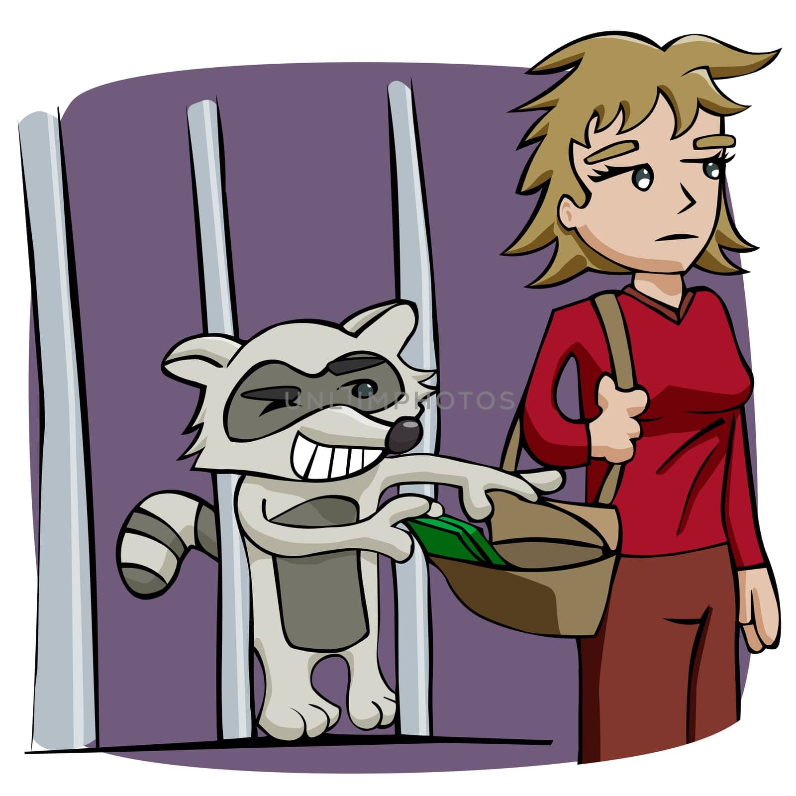 Raccoon stealing money from a woman's bag