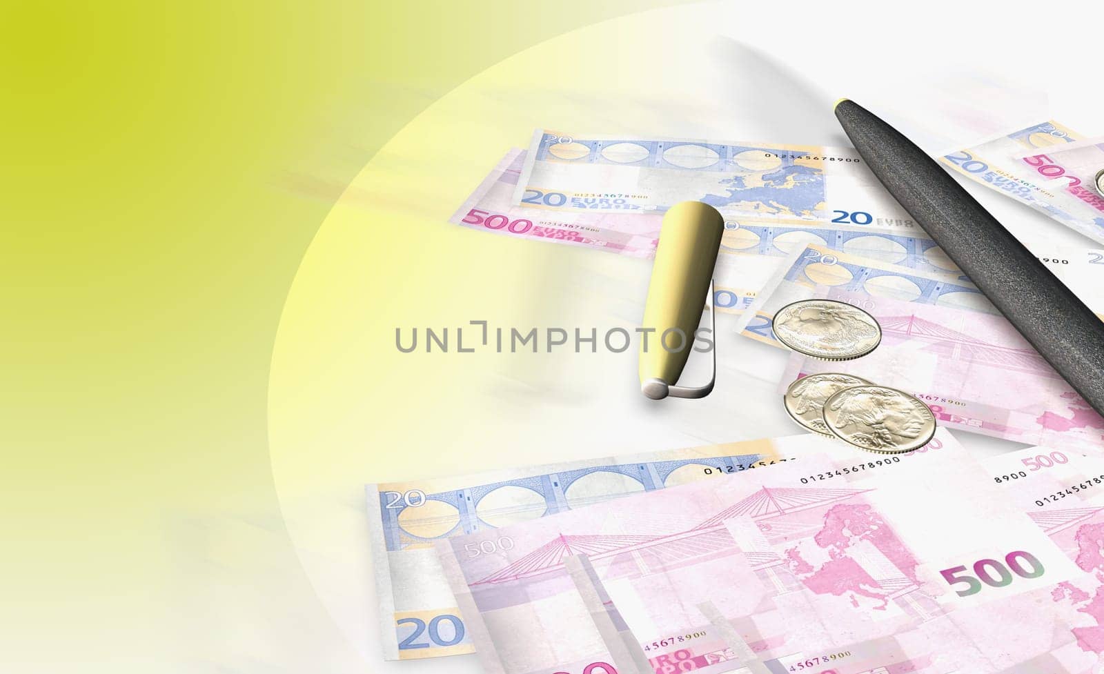 Pen on Euro bank notes and coins