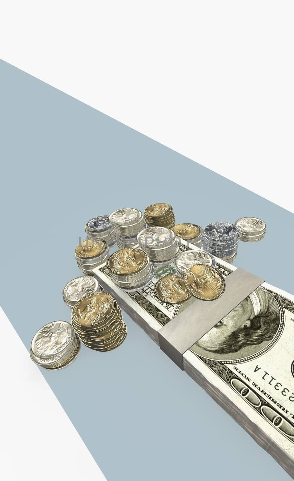 High angle view of one hundred dollar bills and coins