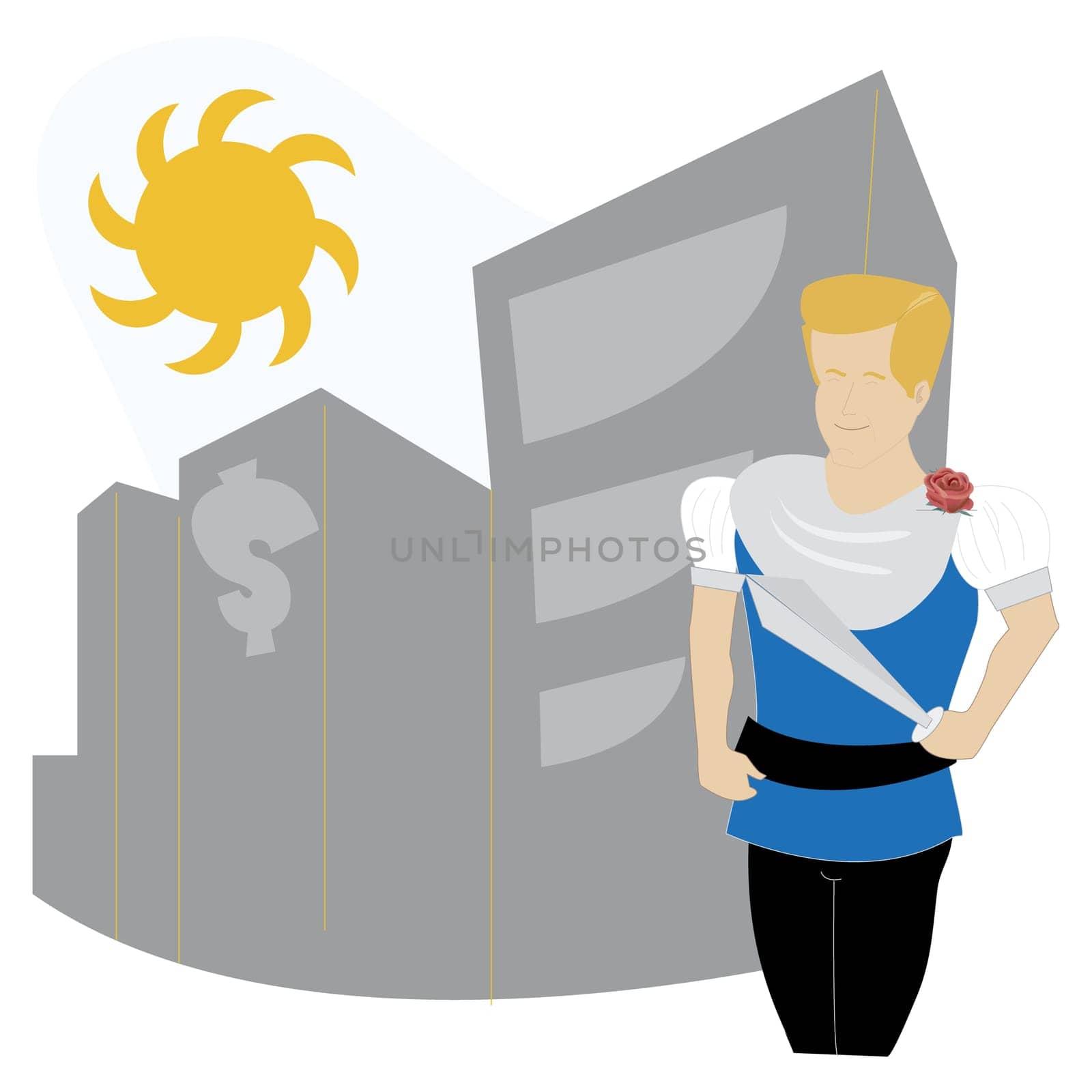 Man holding a sword in front of a building