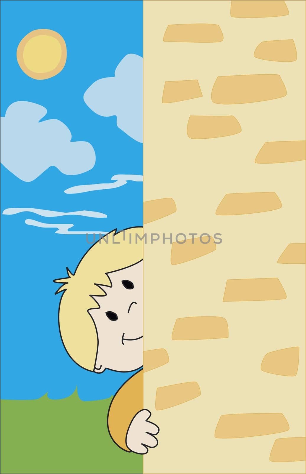 Boy hiding behind a wall
