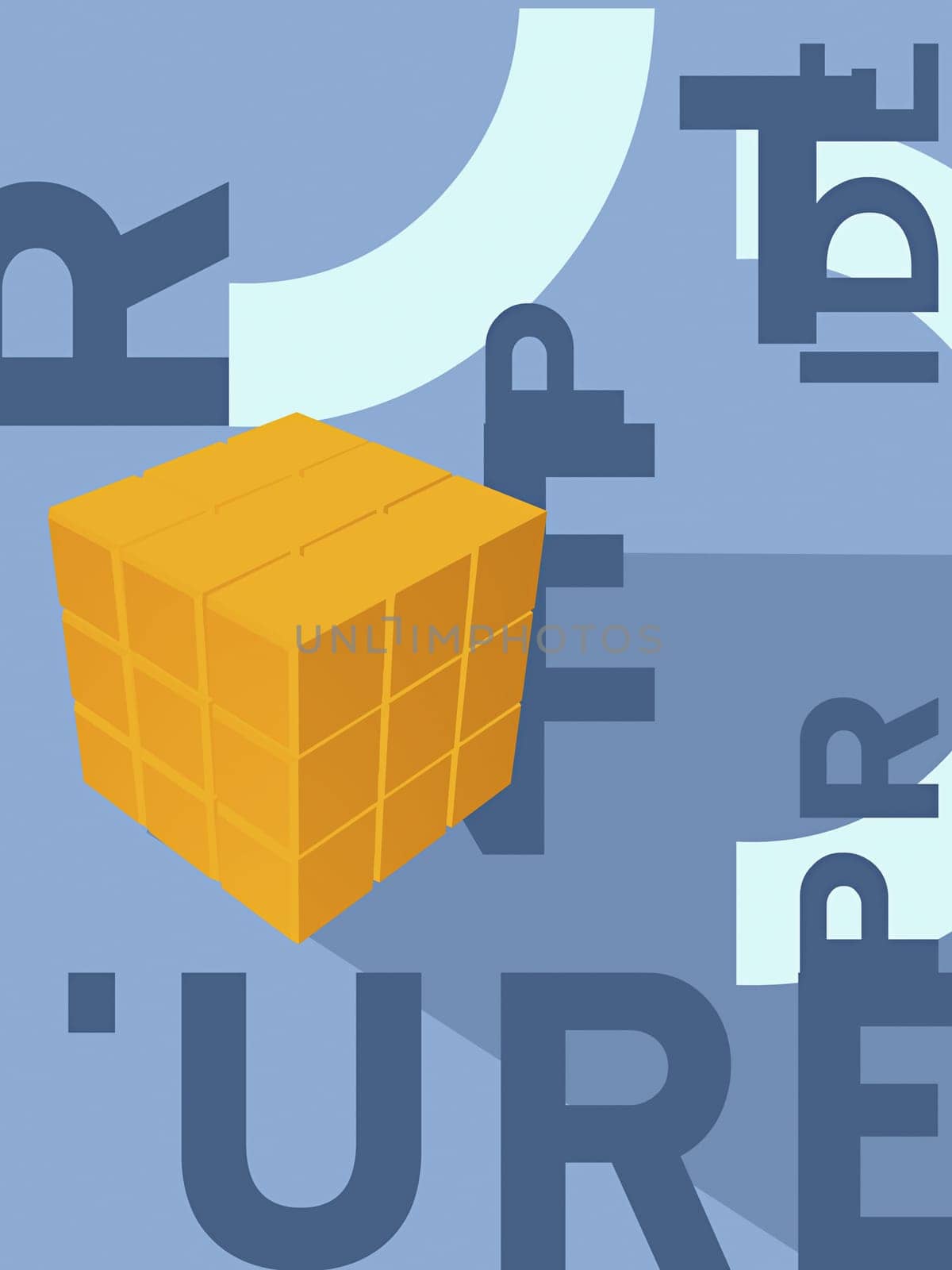 Close-up of a cube and alphabets on a blue background