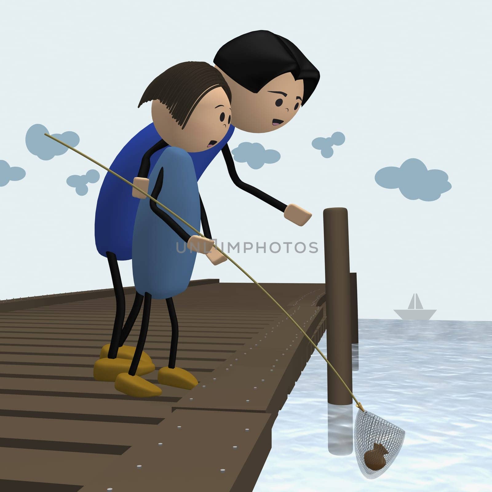 Side profile of a father and his son fishing