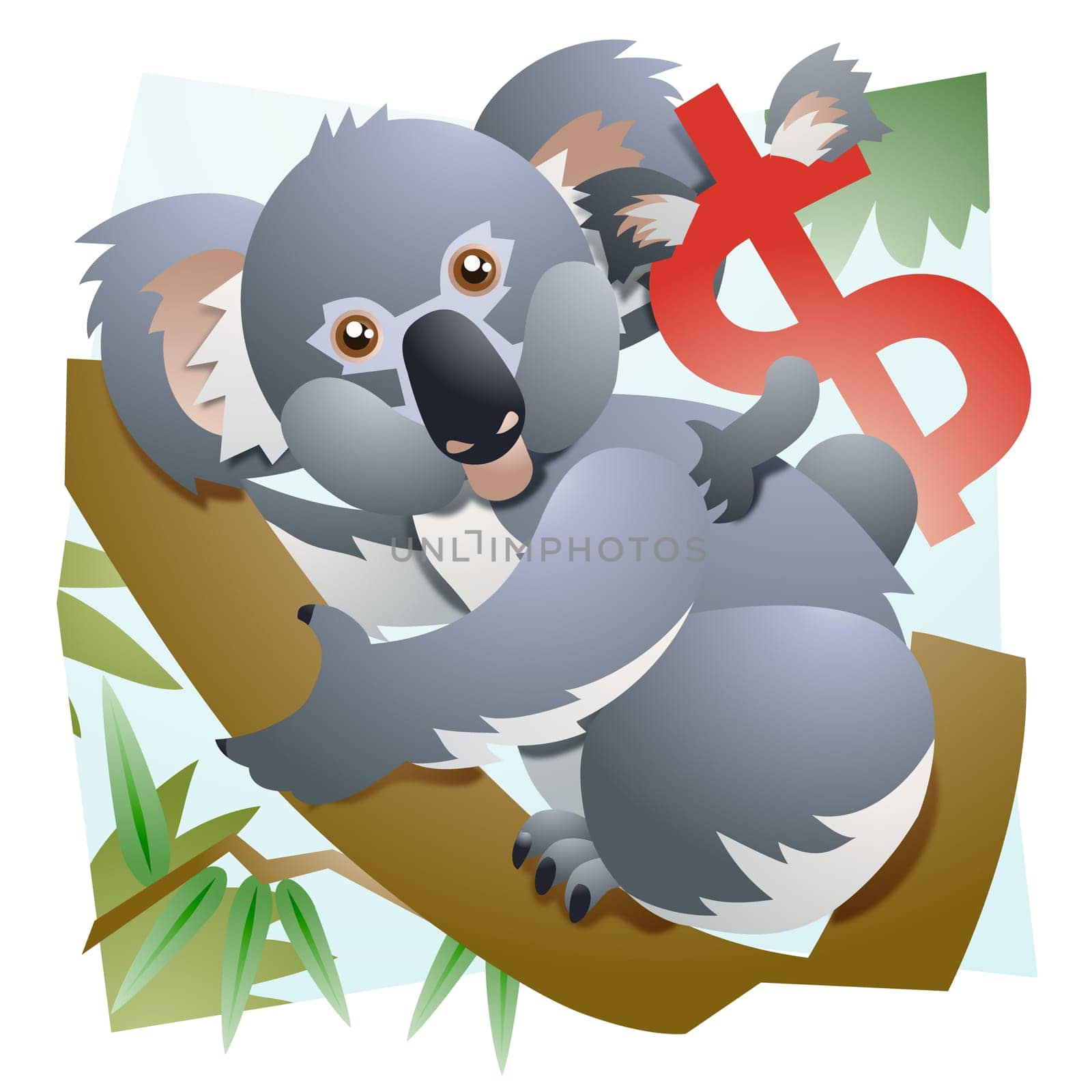 Koala bear family resting on a tree branch with a dollar sign