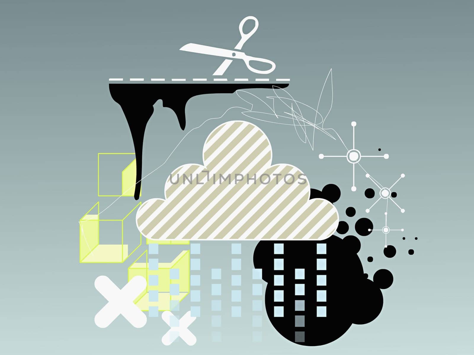 Clouds and a pair of scissors with geometric shapes