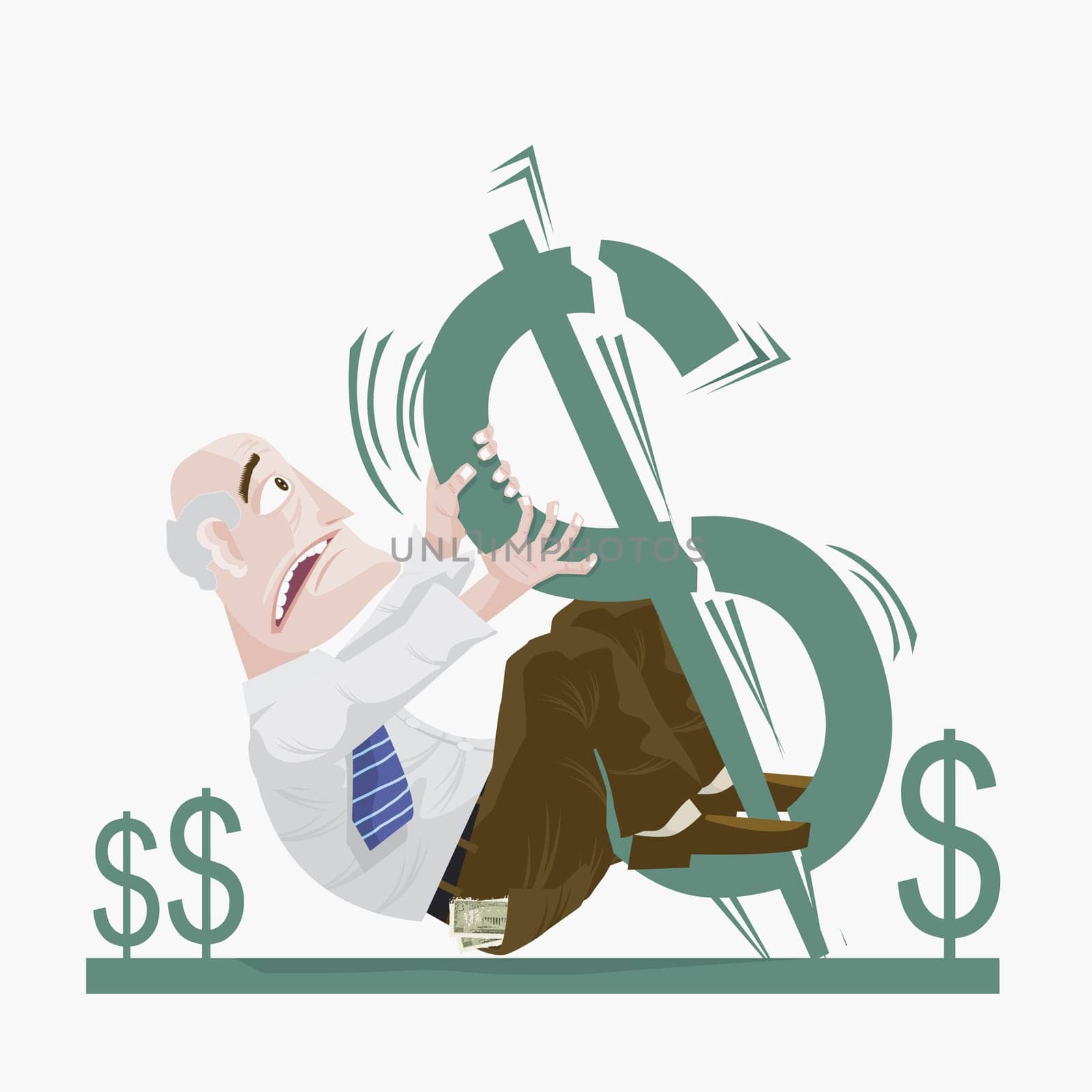 Businessman hanging by a dollar sign