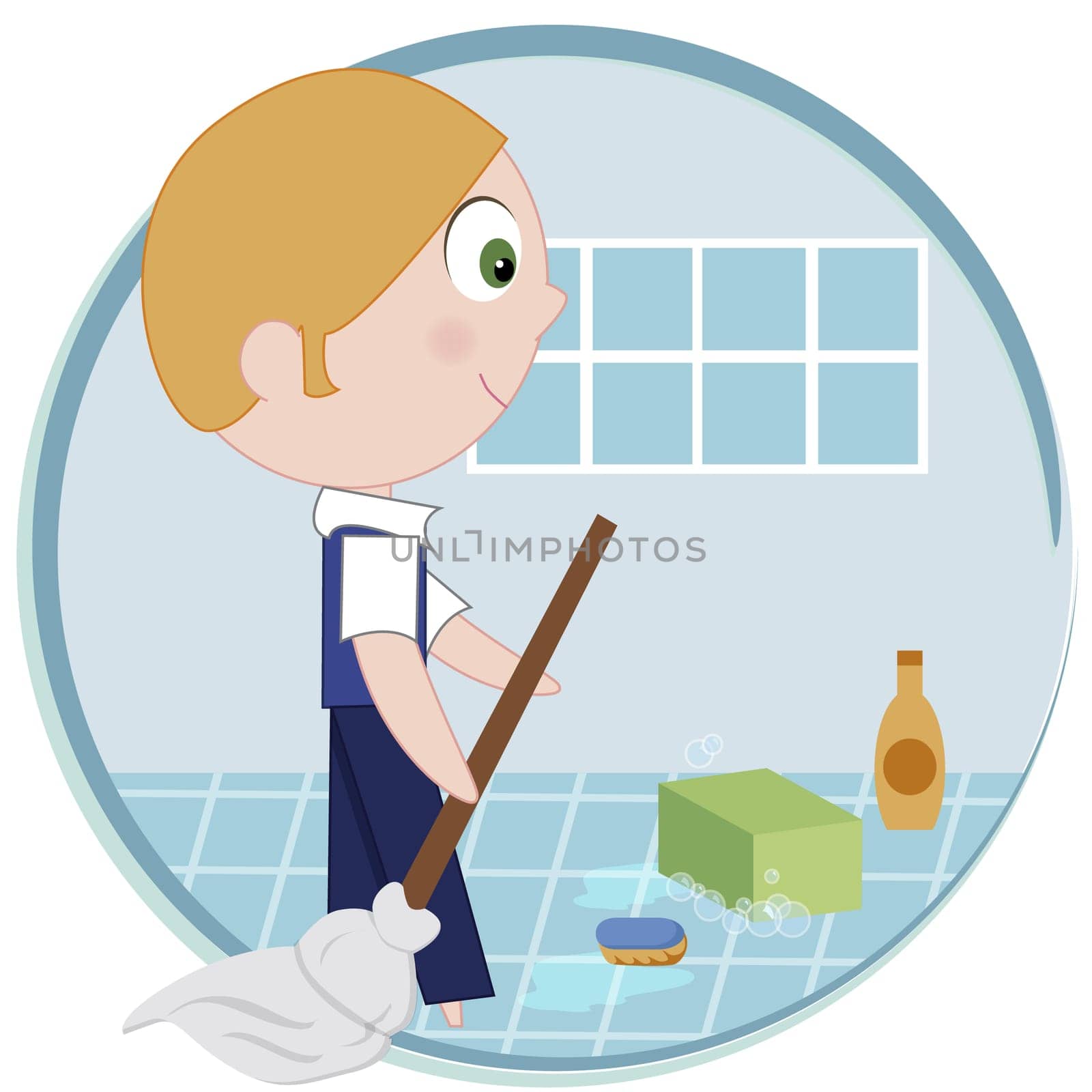 Man holding a mop in the bathroom