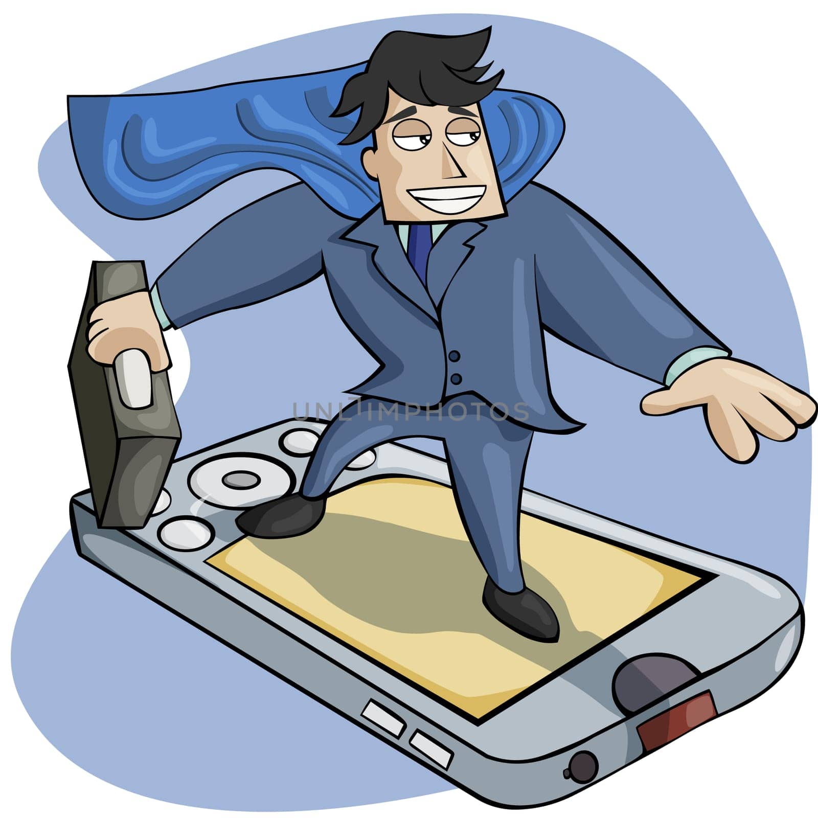 Businessman flying on a personal data assistant