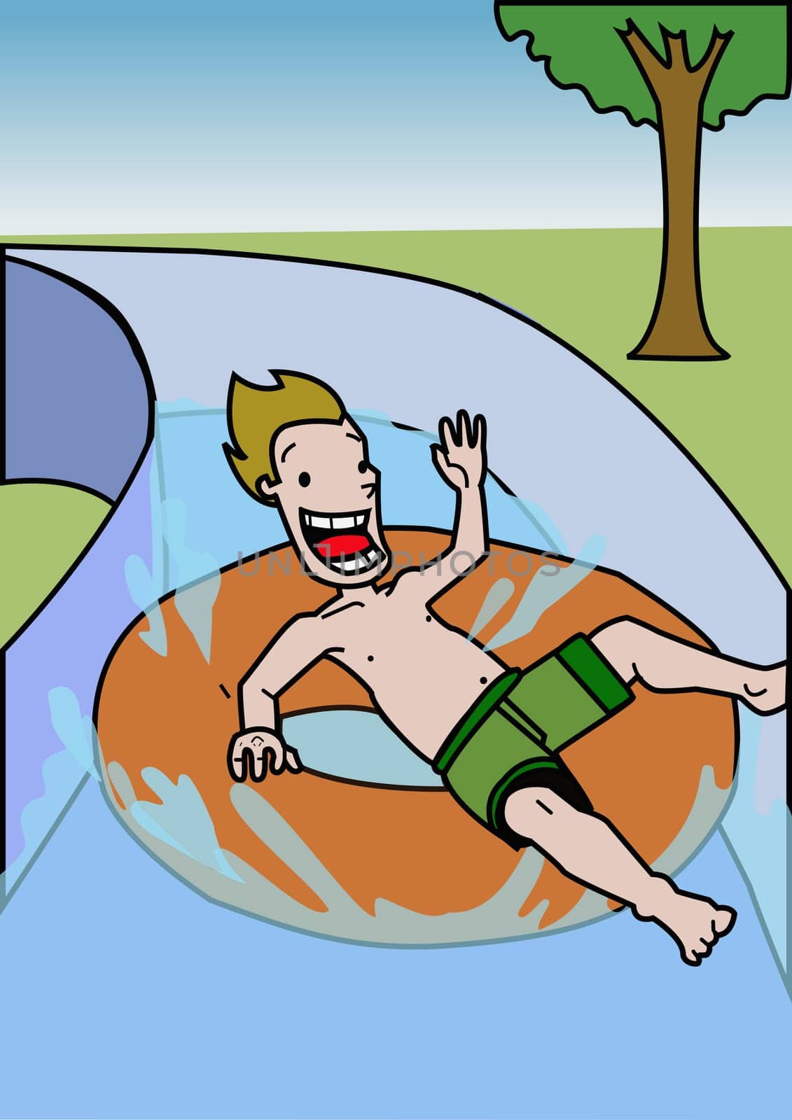 Boy sliding down a water slide
