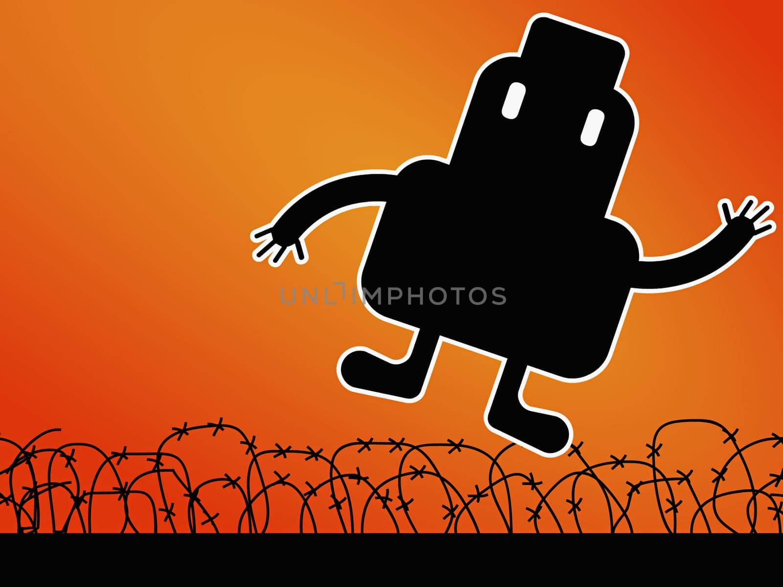 Robot jumping in front of a barbed wire fence
