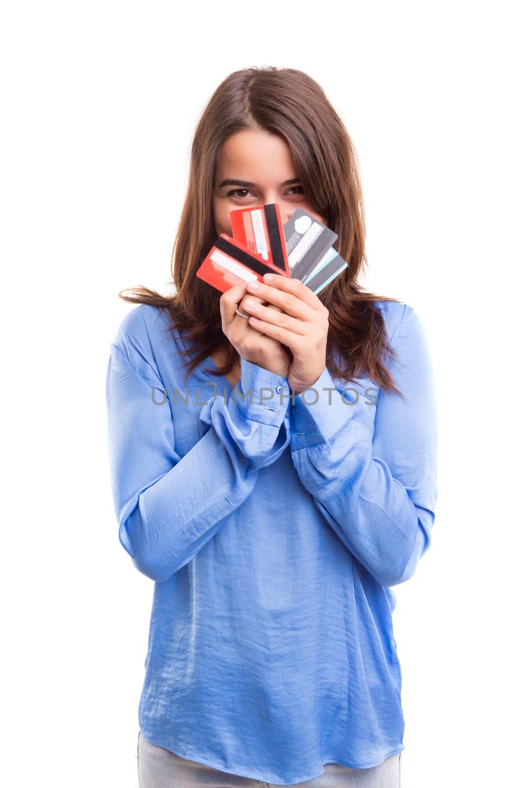E-commerce concept - Happy woman holding credit cards