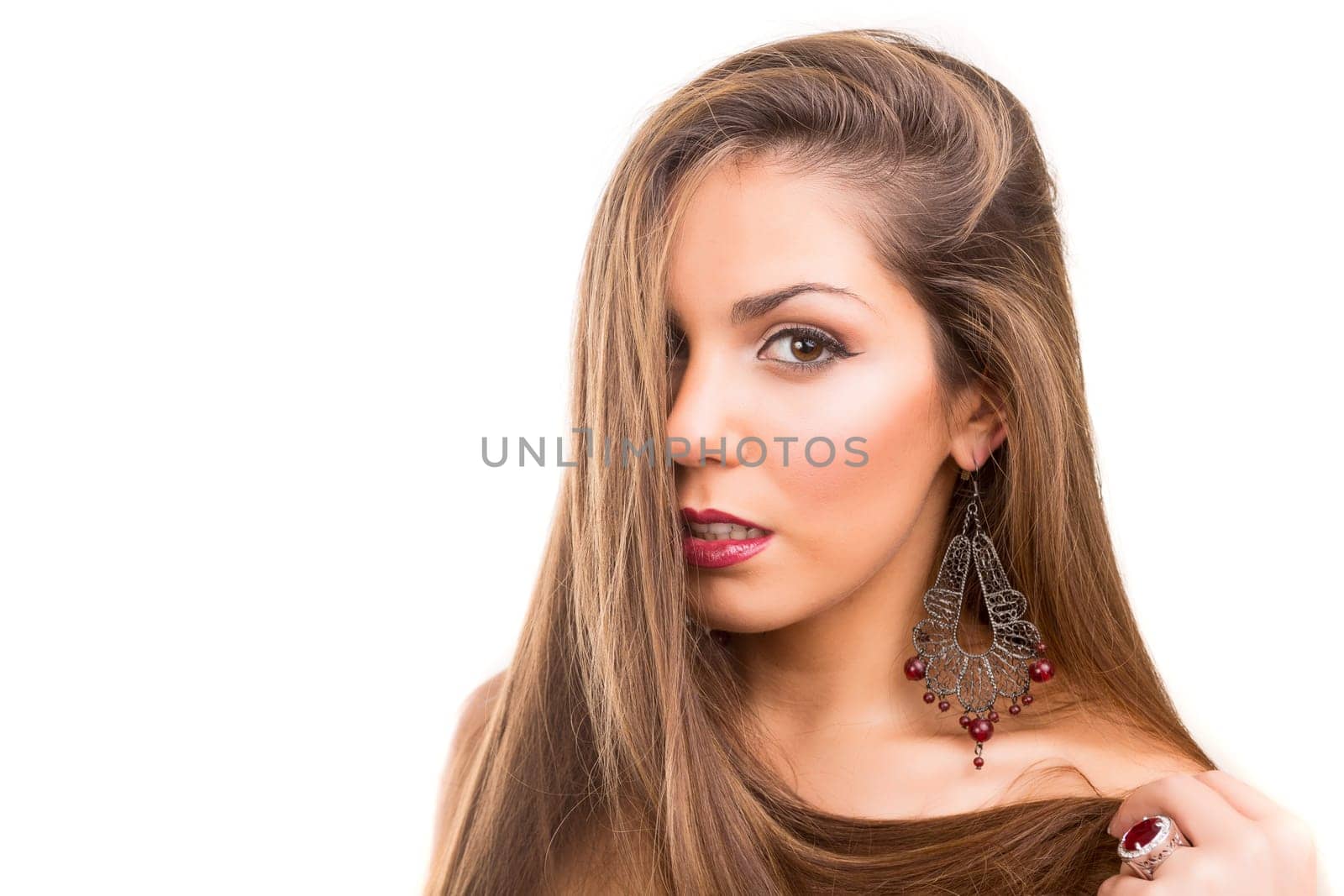 Beautiful Brunette Girl with healthy long hair - isolated over white