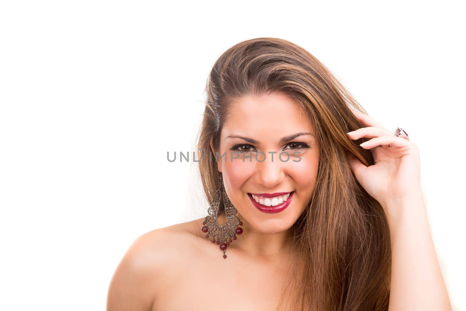 Beautiful Brunette Girl with healthy long hair - isolated over white