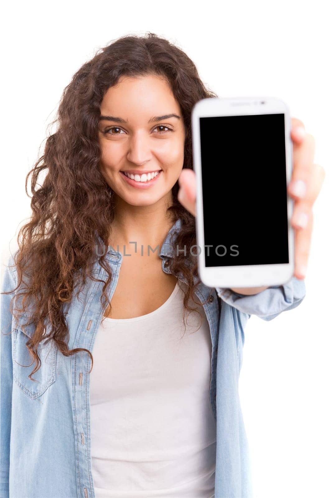 Business woman presenting your product on a last generation smartphone