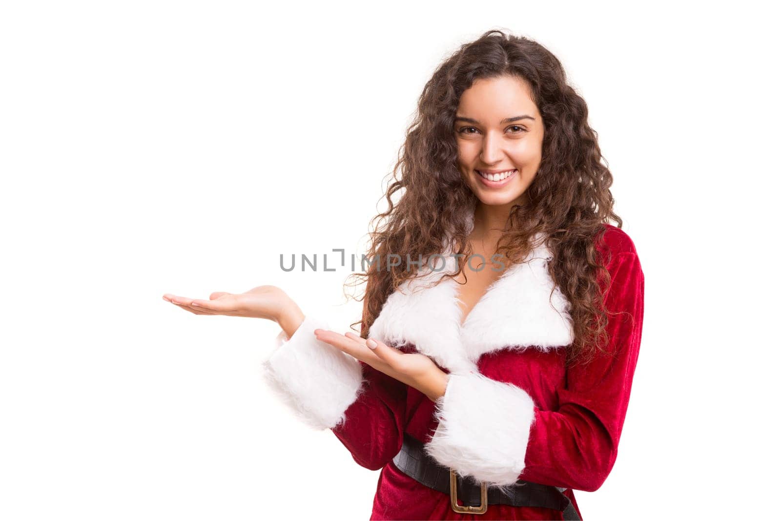Young woman dress in Christmas costume, presenting your product