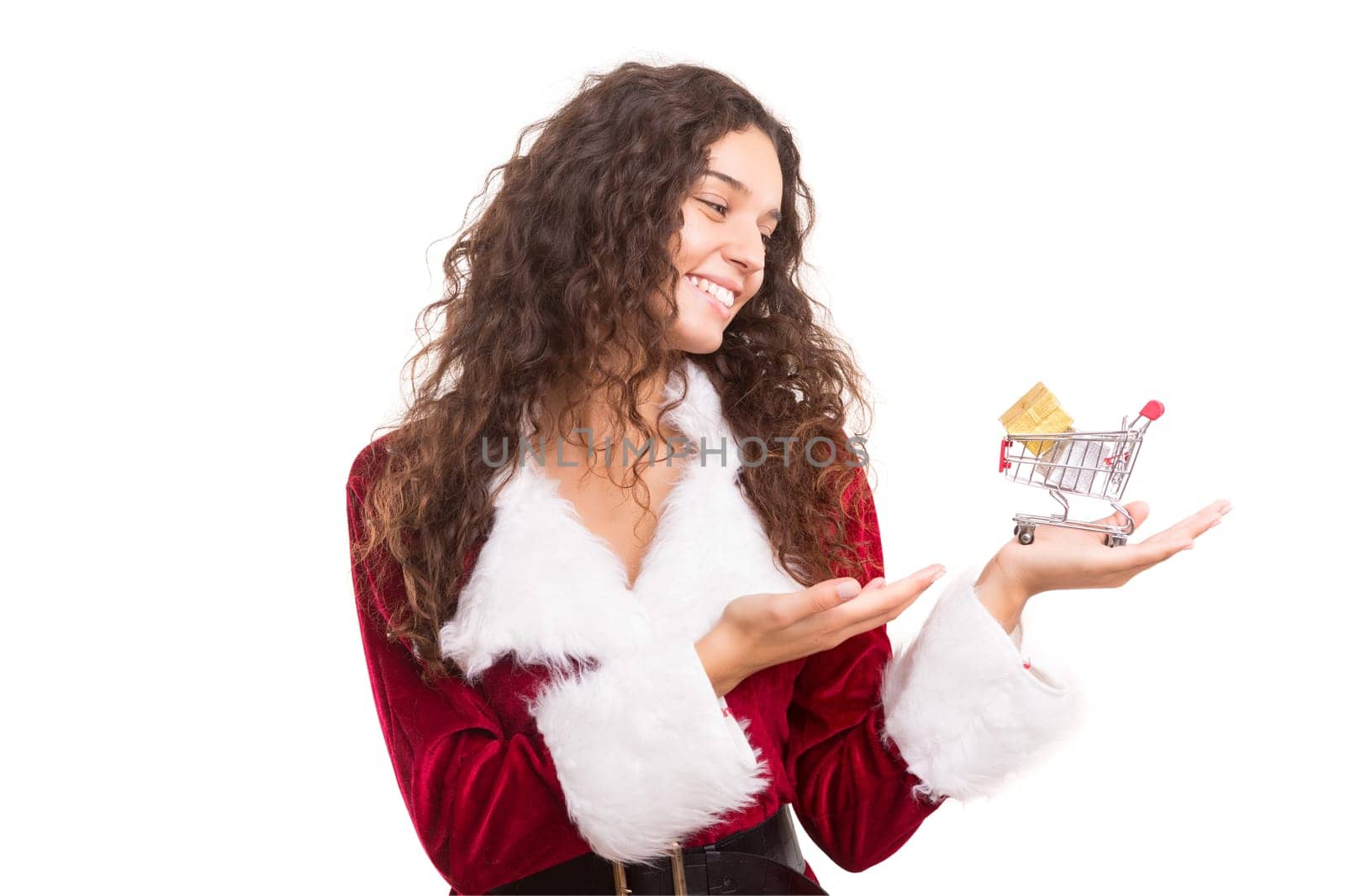 Young woman dress in Christmas costume, presenting your product
