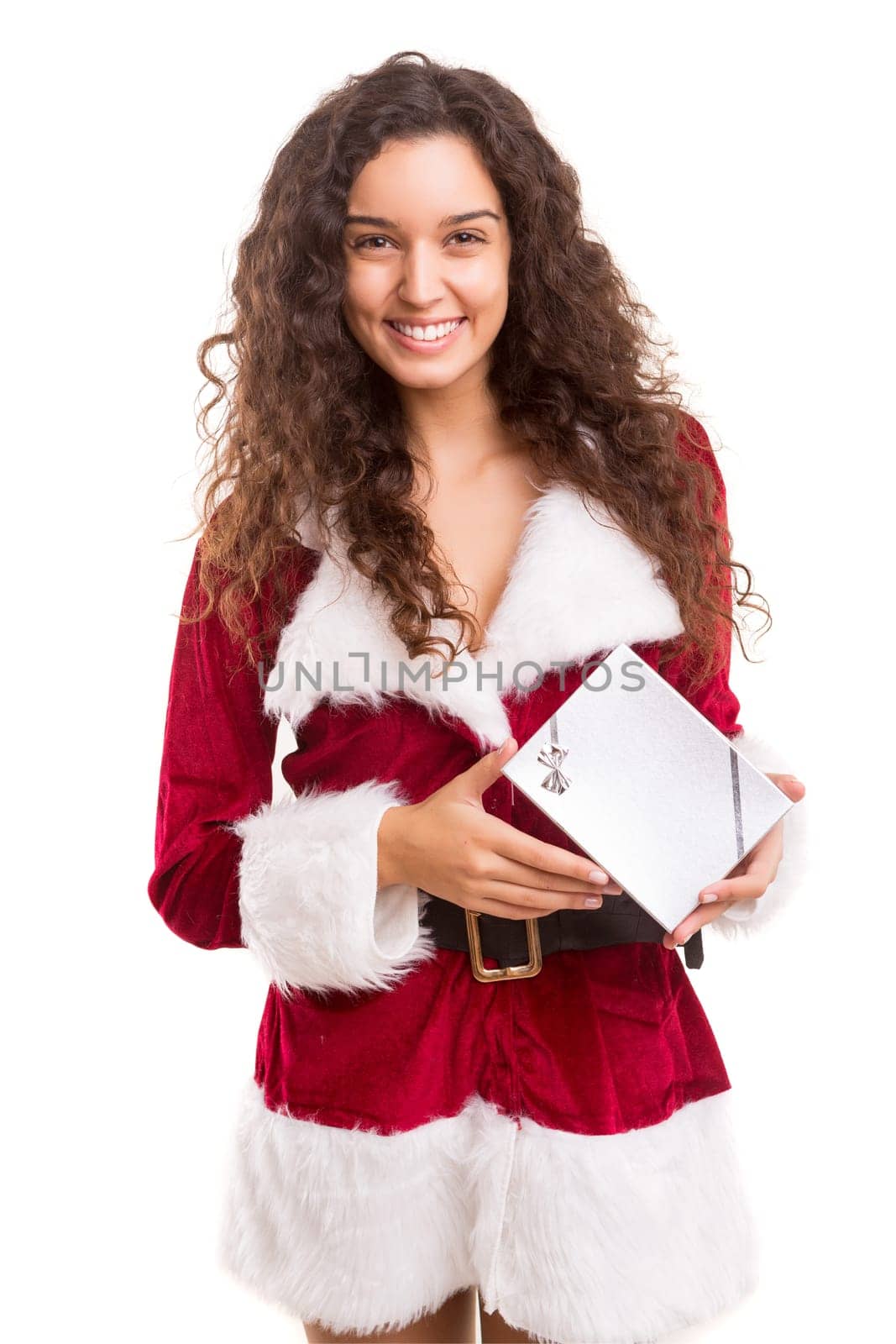 Beautiful young woman dressed with christmas costume, isolated over white