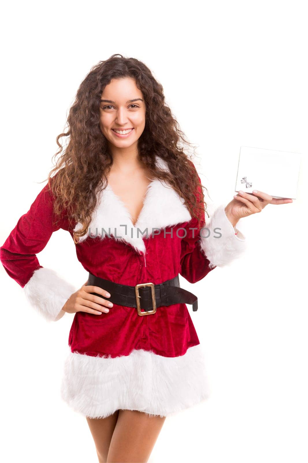 Beautiful young woman dressed with christmas costume, isolated over white