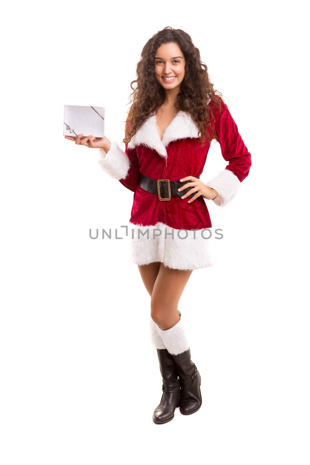 Beautiful young woman dressed with christmas costume, isolated over white