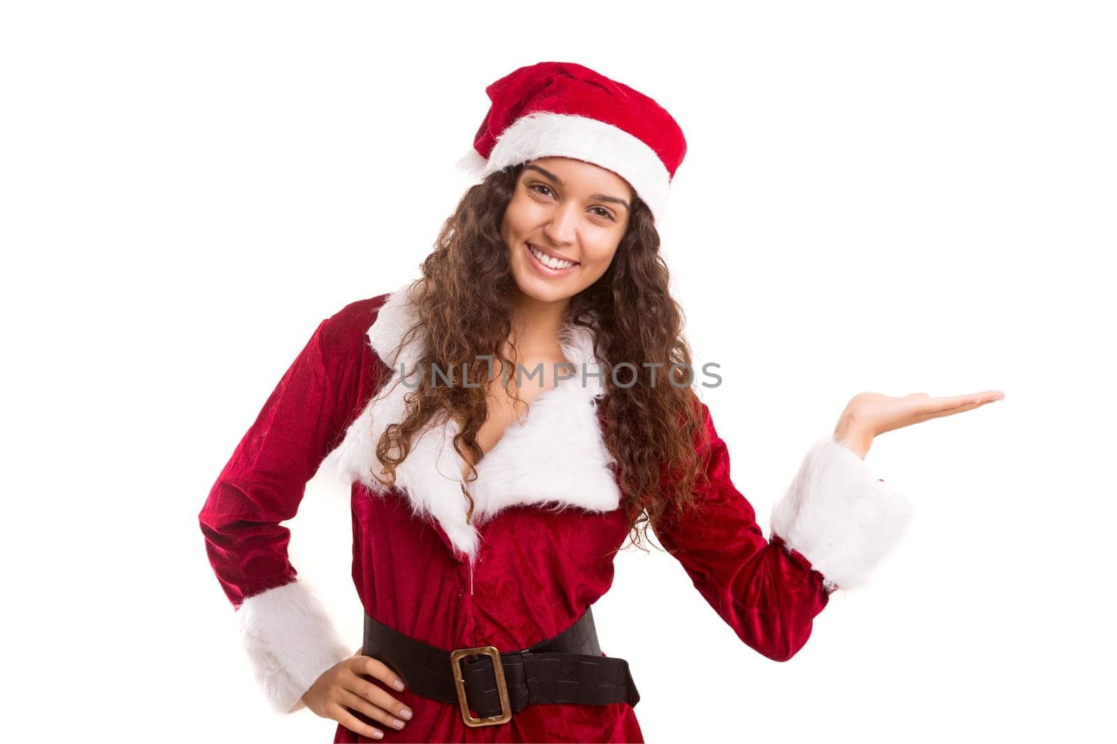 Young woman dress in Christmas costume, presenting your product