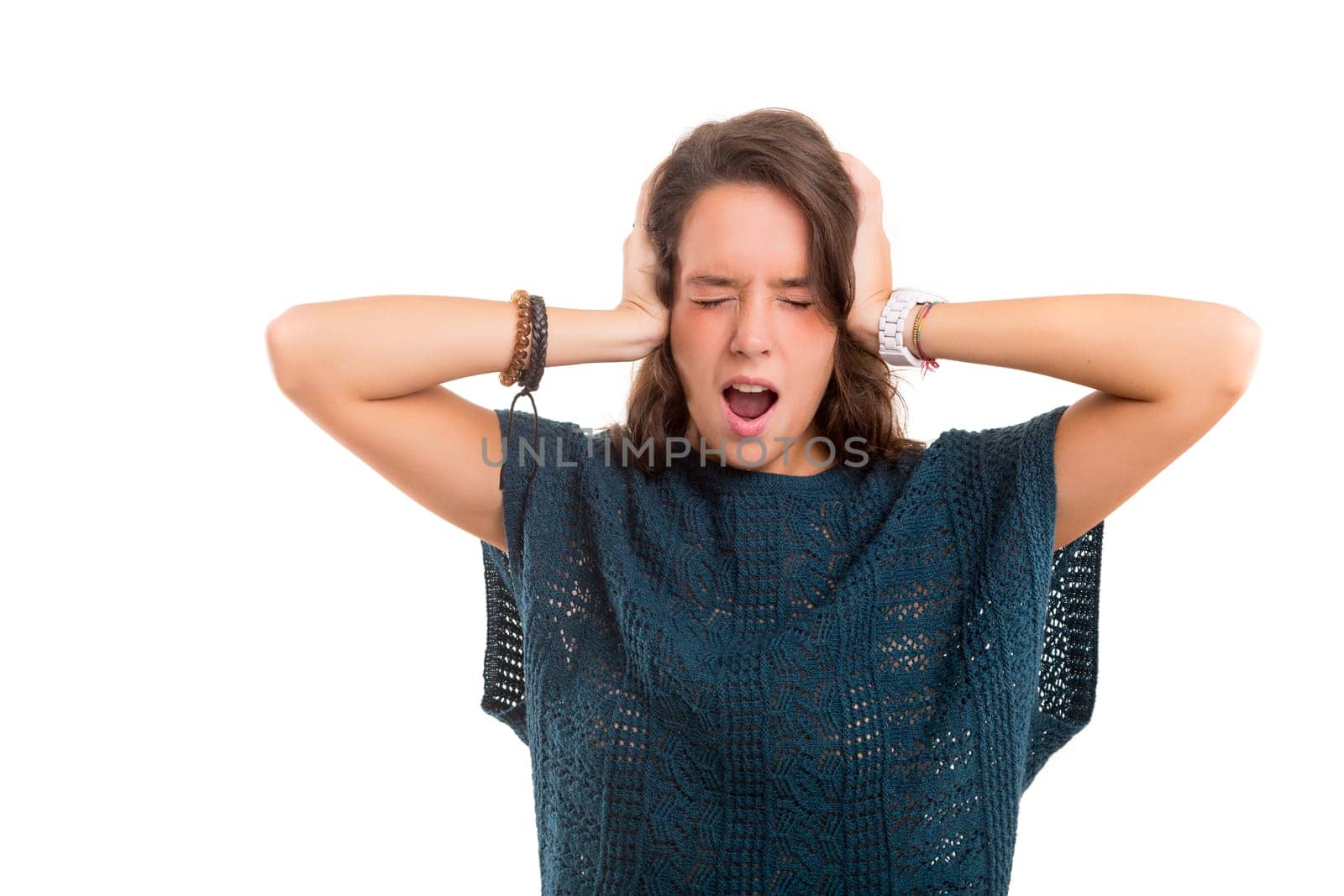 Beautiful young woman asking for silence isolated