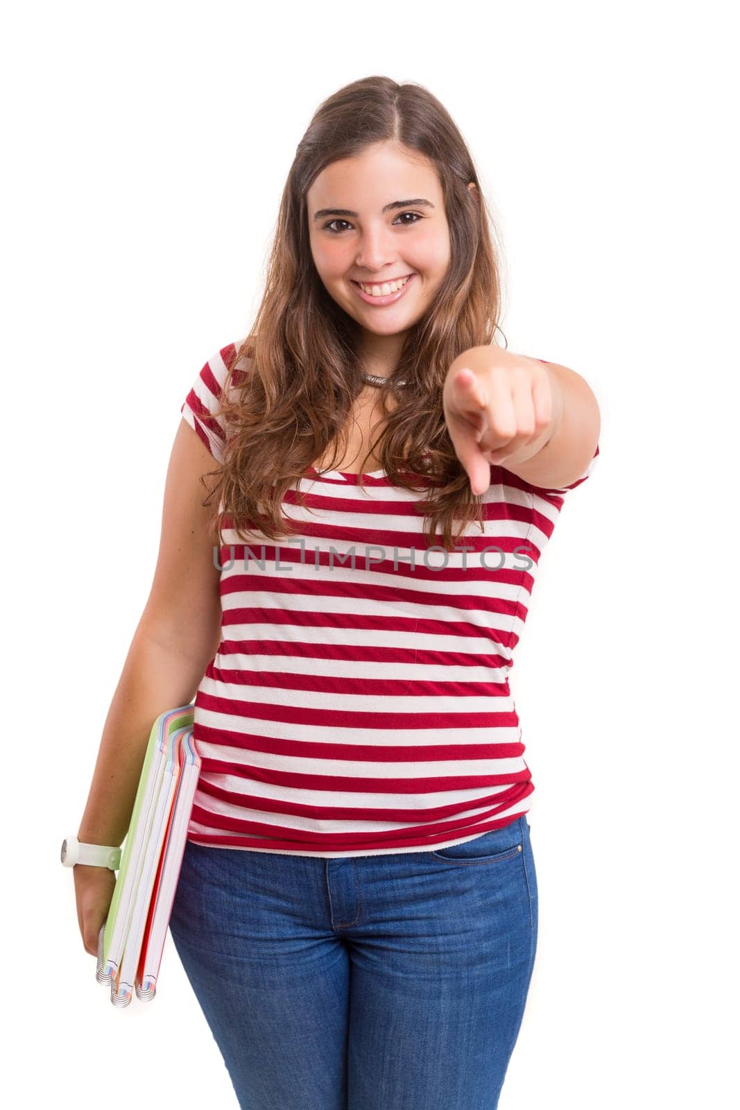 Young student woman posing over white background