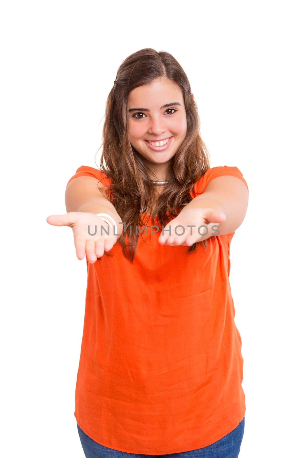 Young woman offering something, isolated over white