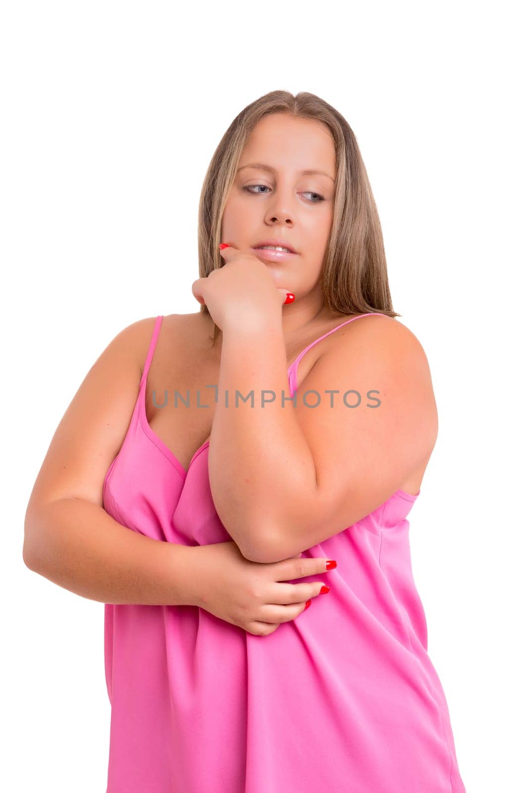 Happy overweighted woman posing isolated over white background