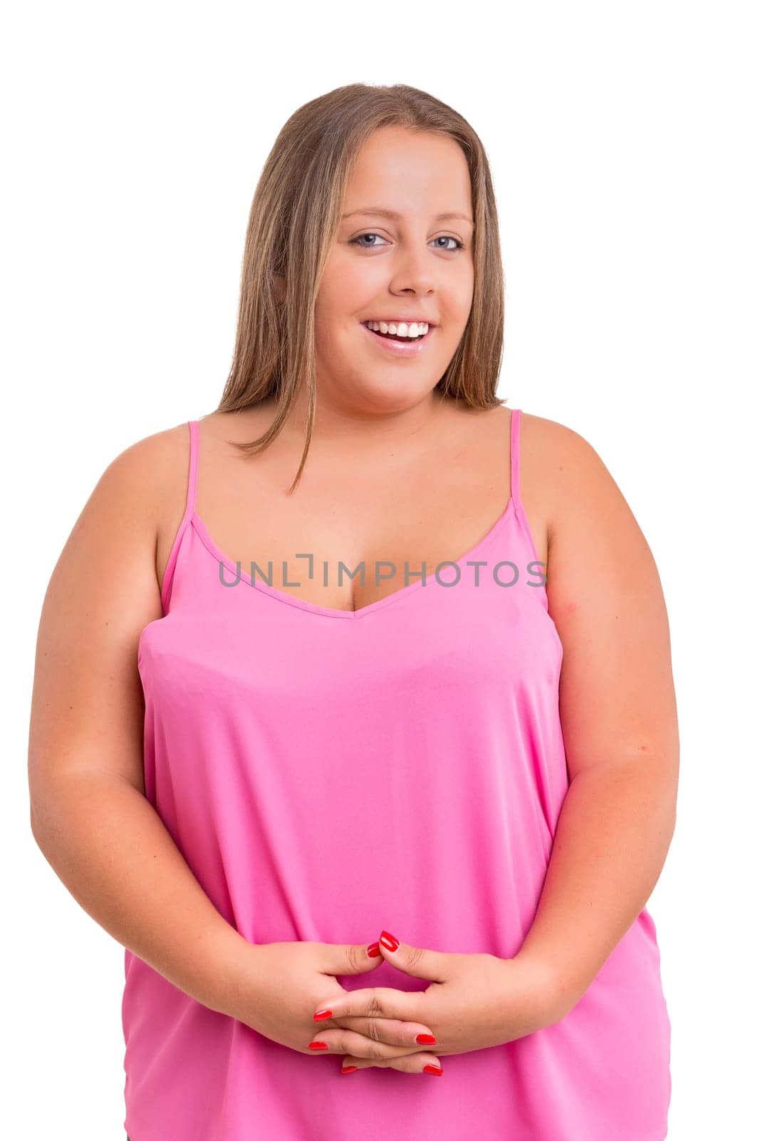 Happy overweighted woman posing isolated over white background