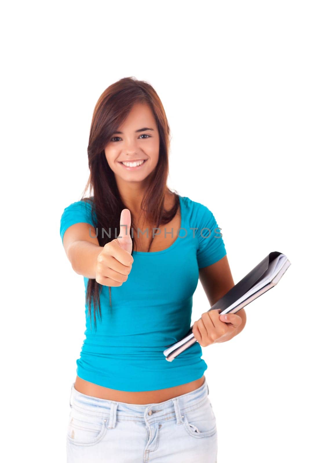 Happy young student expressing positivity sign, isolated over white