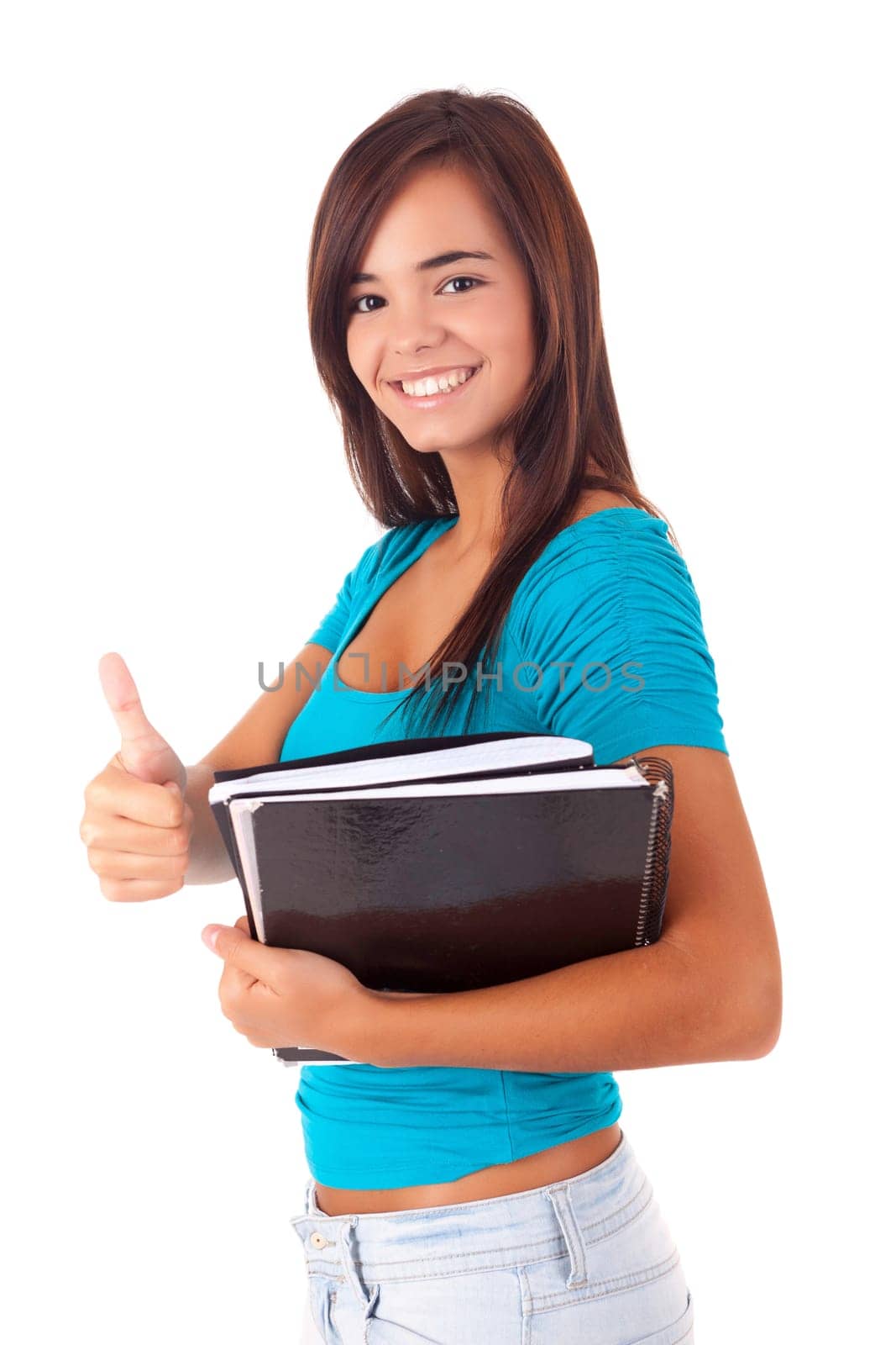 Happy young student expressing positivity sign, isolated over white