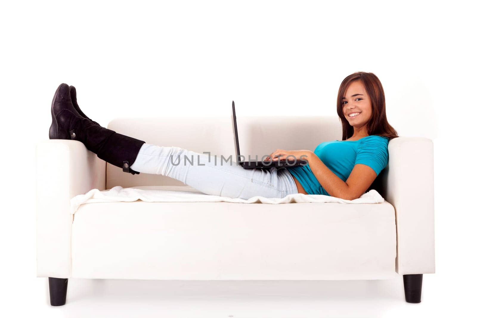Young girl studying - isolated over white background