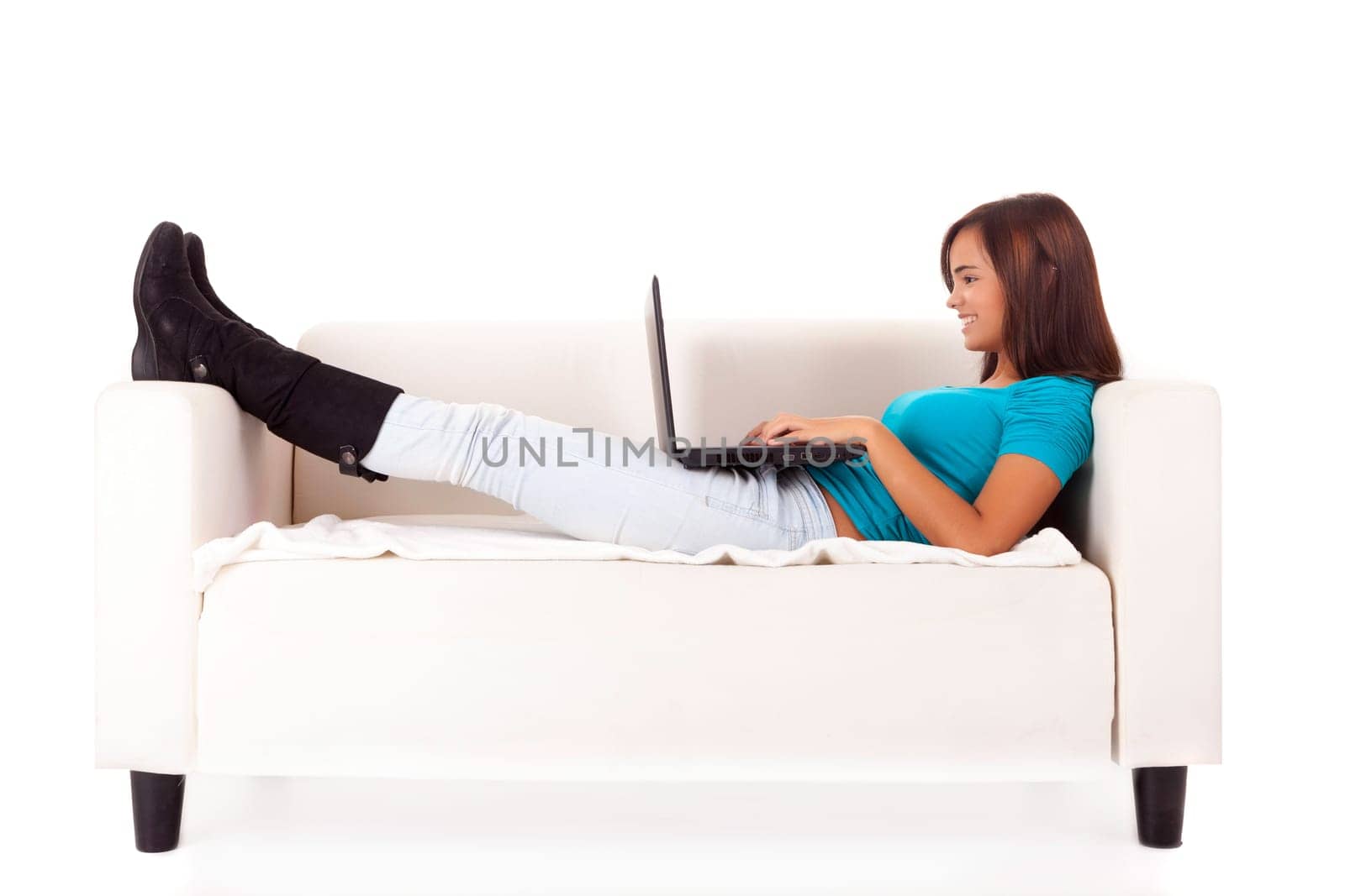 Young girl studying - isolated over white background