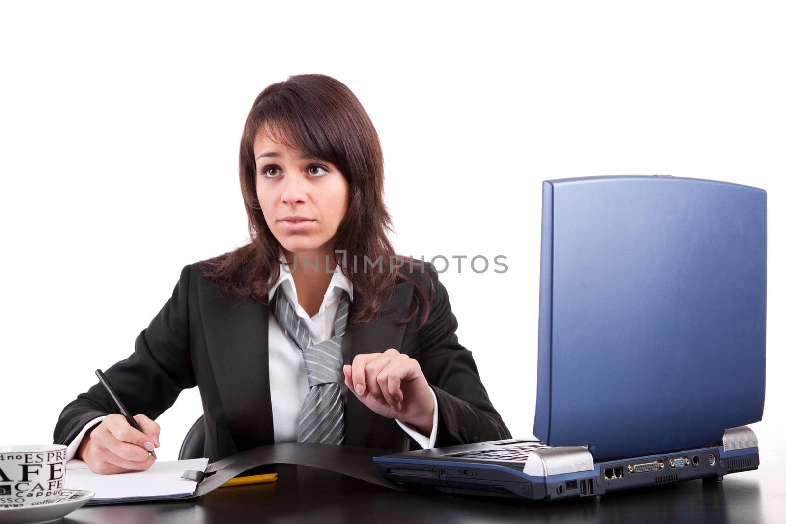 Business woman working with laptop, isolated over white