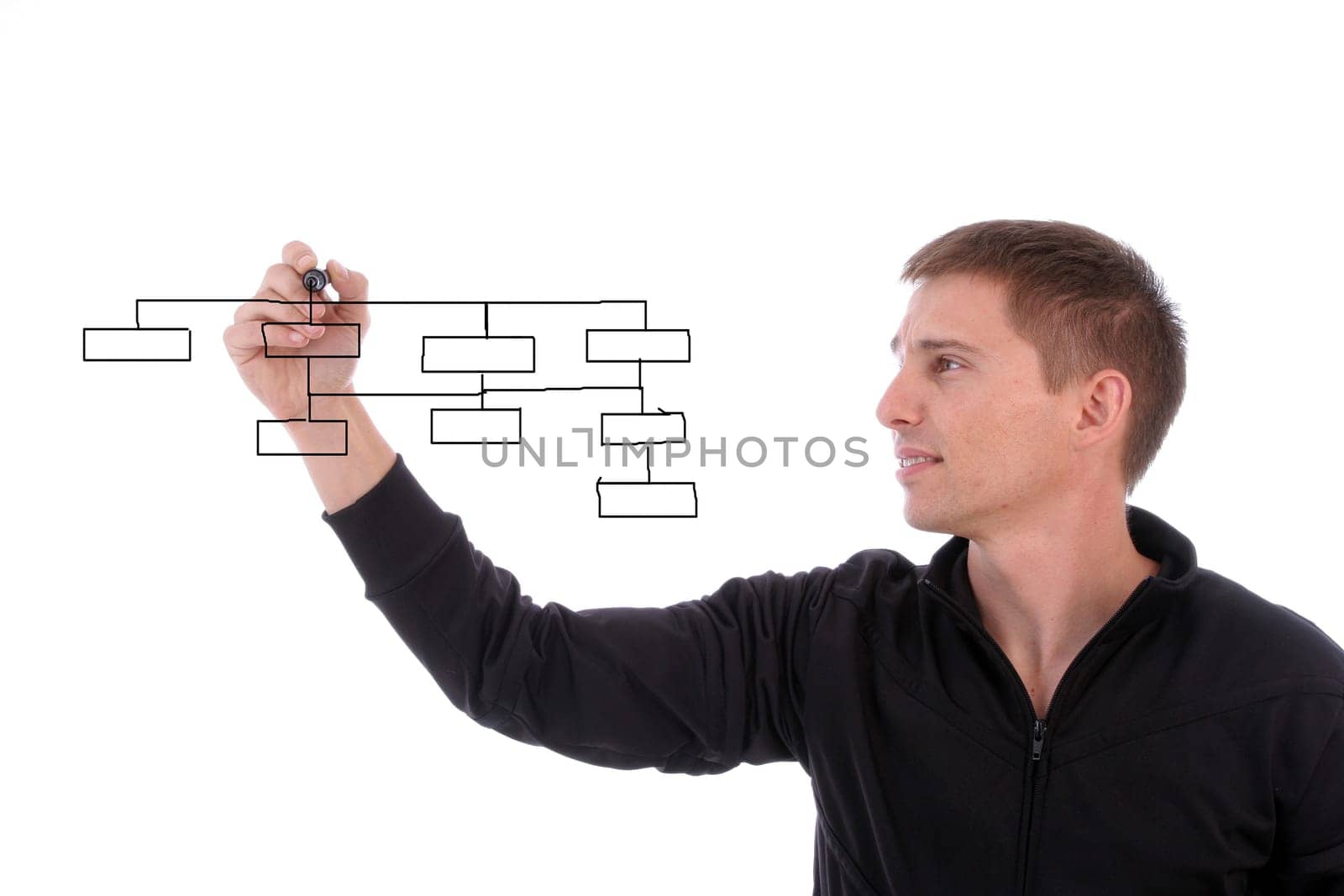 Young businessman, full of thoughts, isolated in white background