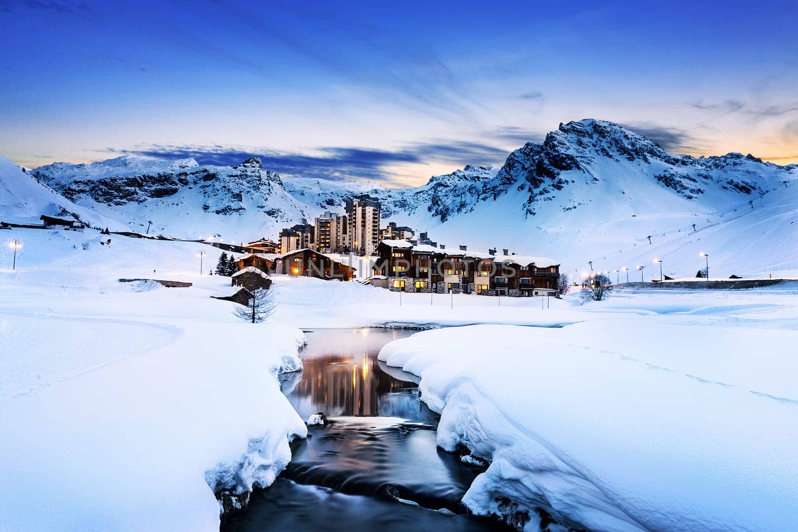 Evening landscape and ski resort in French Alps,Tignes, Tarentaise, France