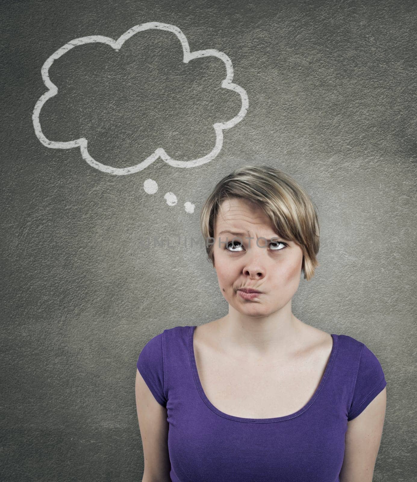 Illustration of a pretty woman thinking, with thought balloon