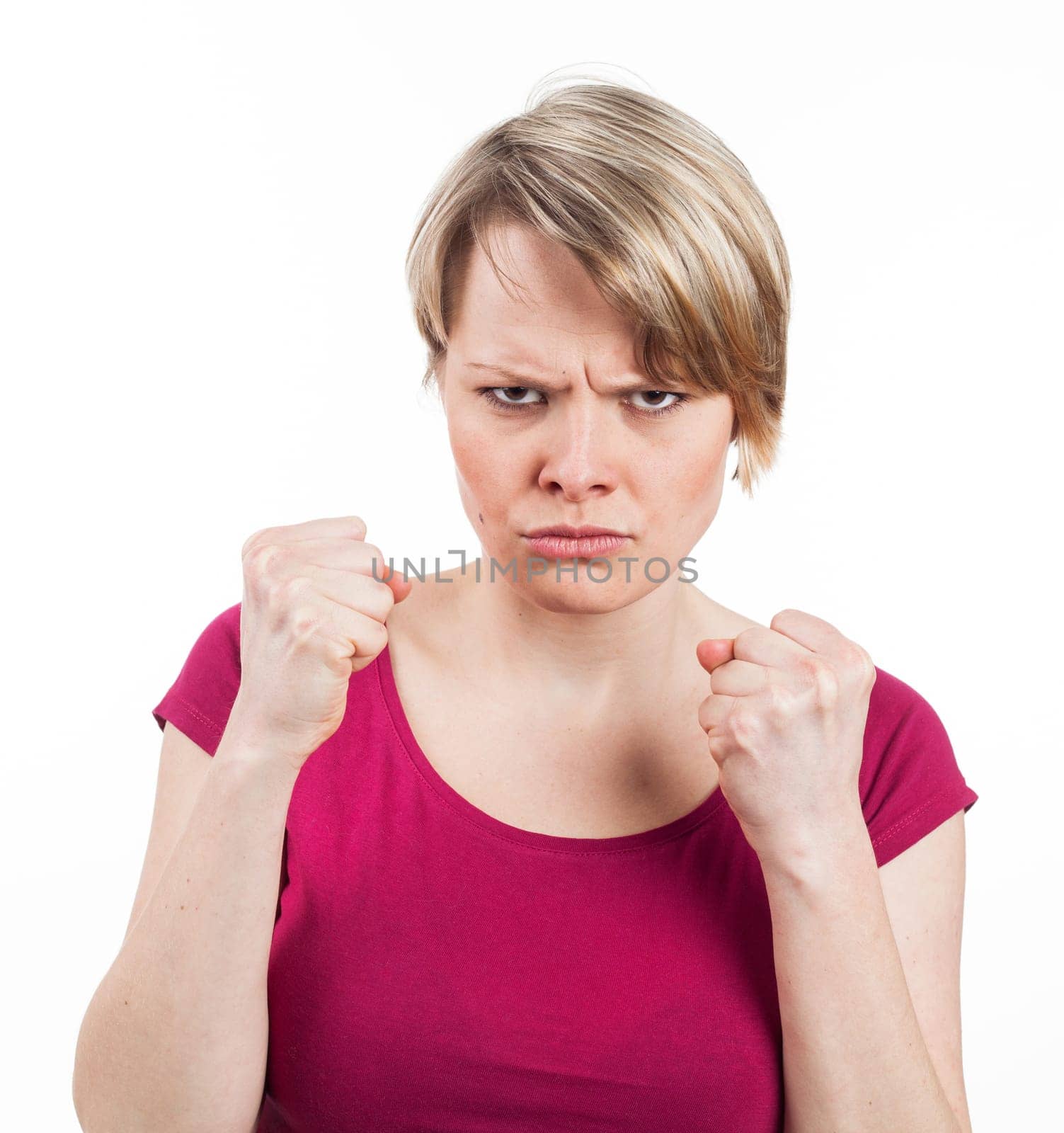 Moody young woman, isolated on white